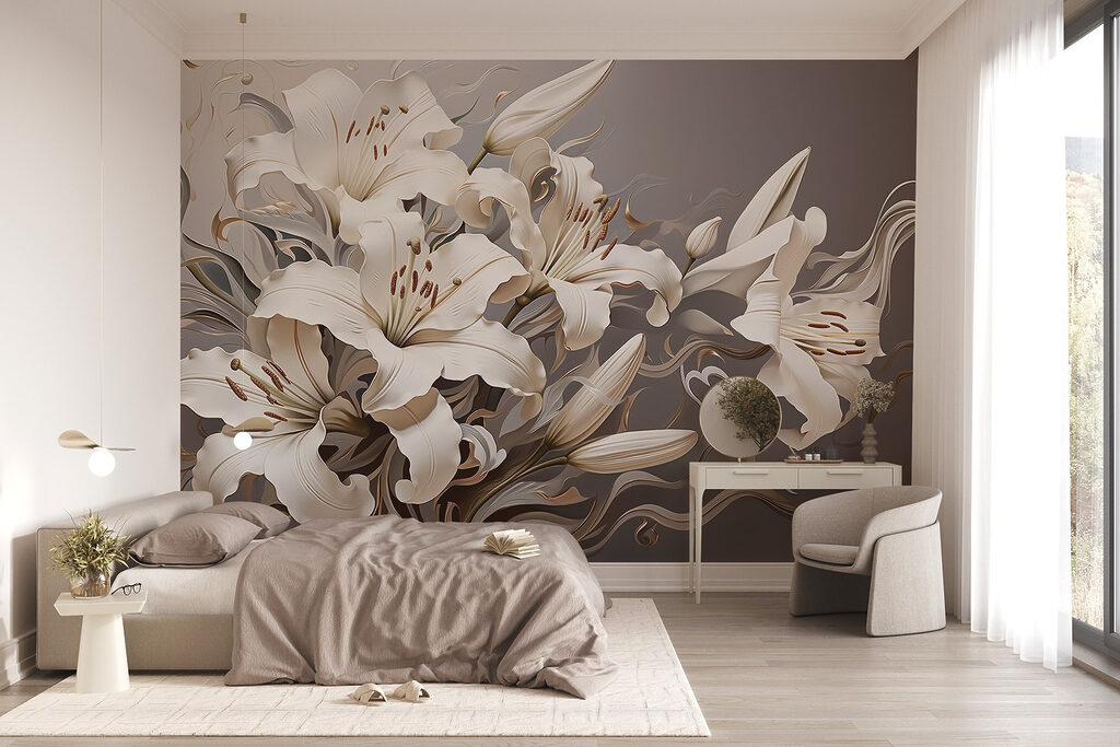 Witte bloemen met bruine en witte krullen in een interieur