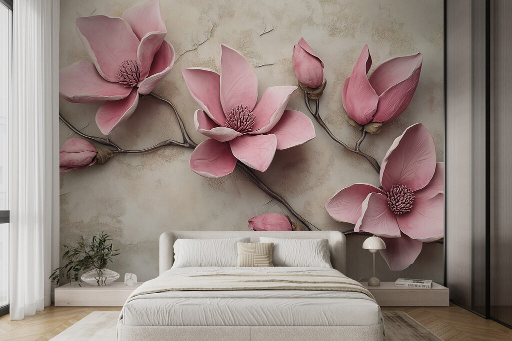 Groep roze bloemen op een wit vlak in een interieur