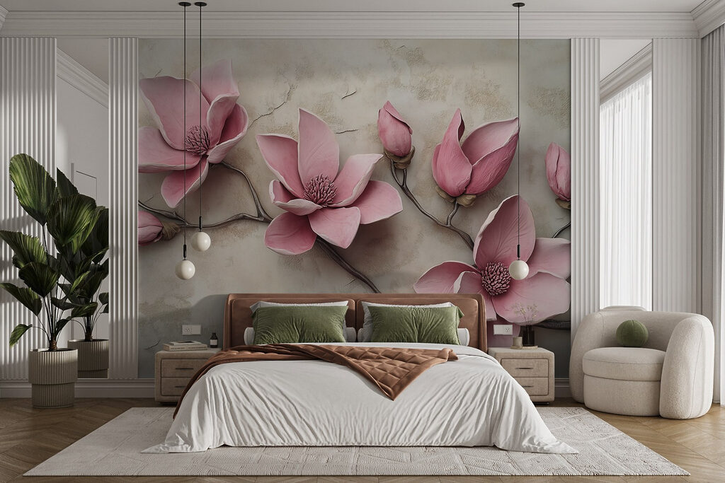 Roze bloesem op oudbeige — interieur 2