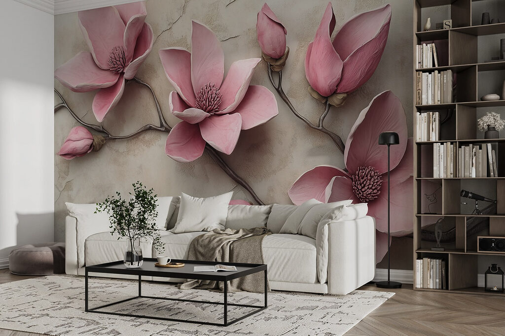 Roze bloesem op oudbeige — interieur 3