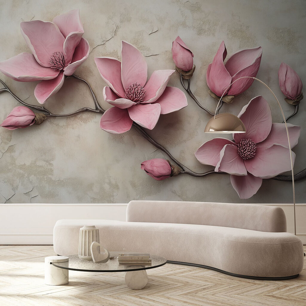 Roze bloesem op oudbeige — interieur 4