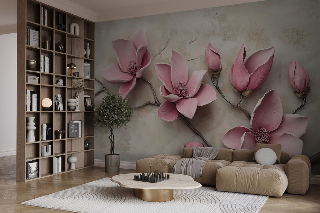 Roze bloesem op oudbeige — interieur 5