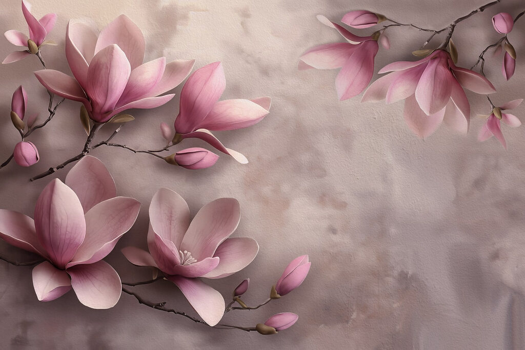 Roze magnolia tegen mauve — volledig ontwerp