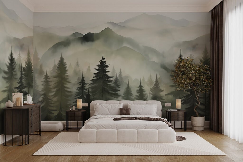 Mistige bergketen met bomen in een interieur