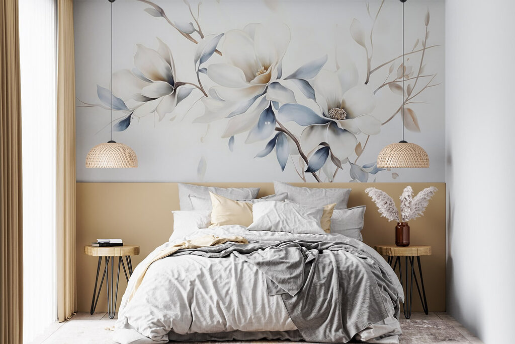 Schilderij van bloemen op een witte achtergrond in een interieur