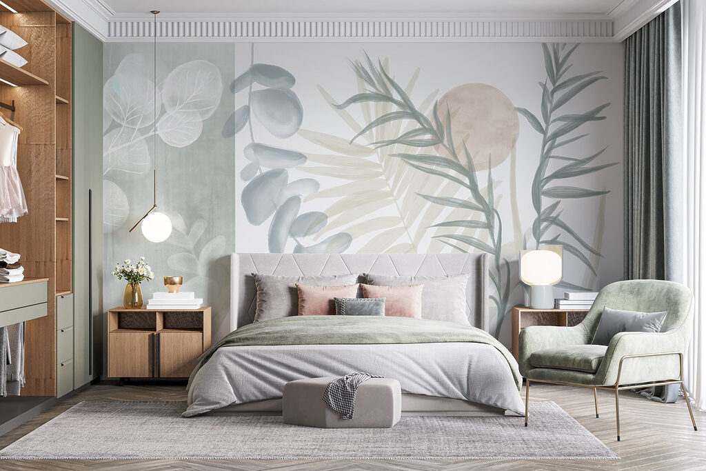 Serene botanische illustratie in zachte tinten in een interieur