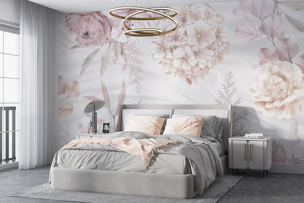 Roze bloemen boven palmstrepen — interieur 3