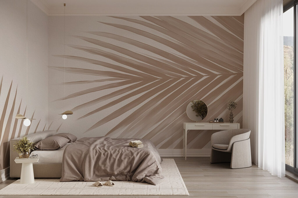 Elegante palmbladeren op een zachte achtergrond in een interieur