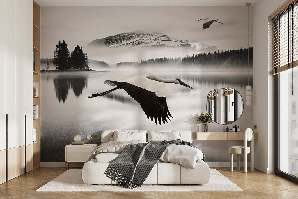 Vogels boven zwartwit water — interieur 1