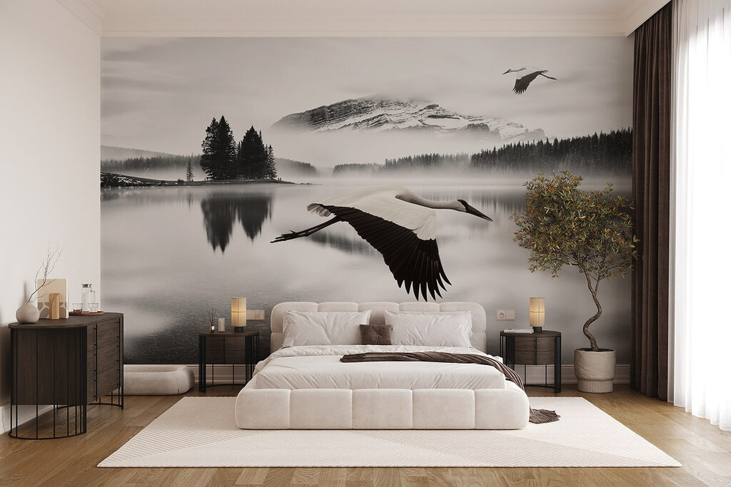 Vogels boven zwartwit water — interieur 2