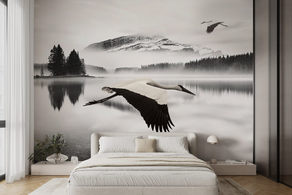 Vogels boven zwartwit water — interieur 3