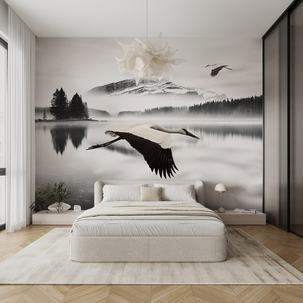 Vogels boven zwartwit water — interieur 4
