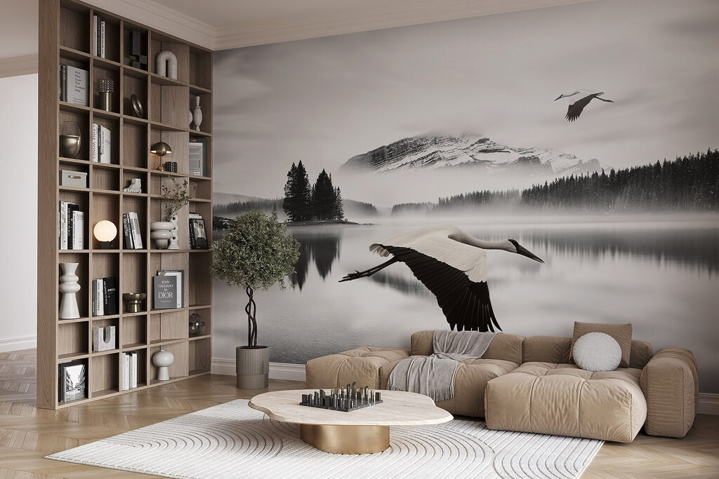 Vogels boven zwartwit water — interieur 5