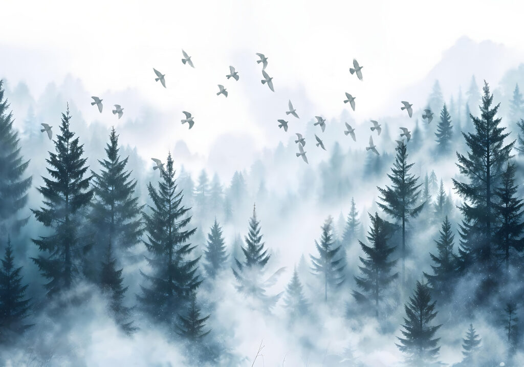 Vogels boven blauwe bosnevel — volledig ontwerp