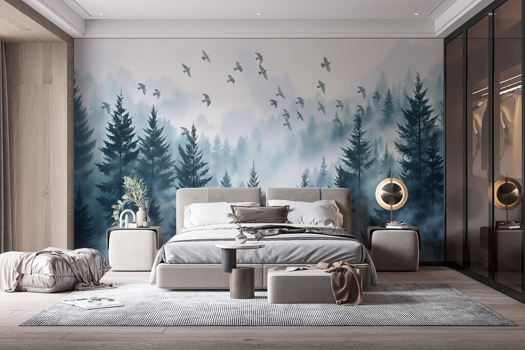 Vogels boven blauwe bosnevel — interieur 1