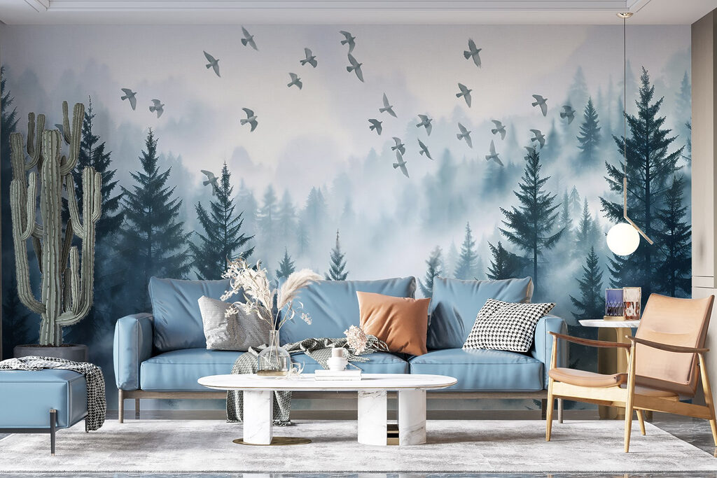 Vogels boven blauwe bosnevel — interieur 2