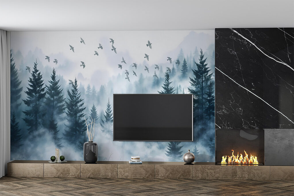 Vogels boven blauwe bosnevel — interieur 3