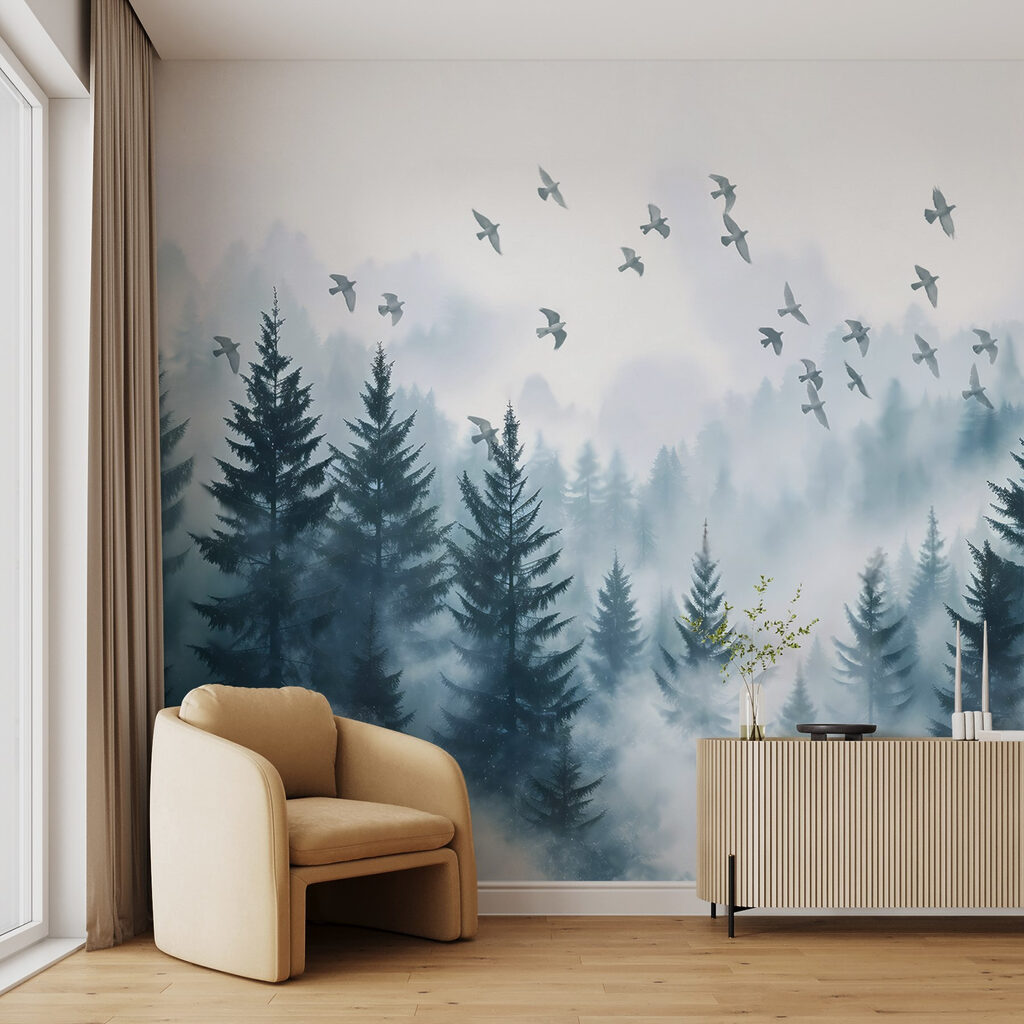 Vogels boven blauwe bosnevel — interieur 4