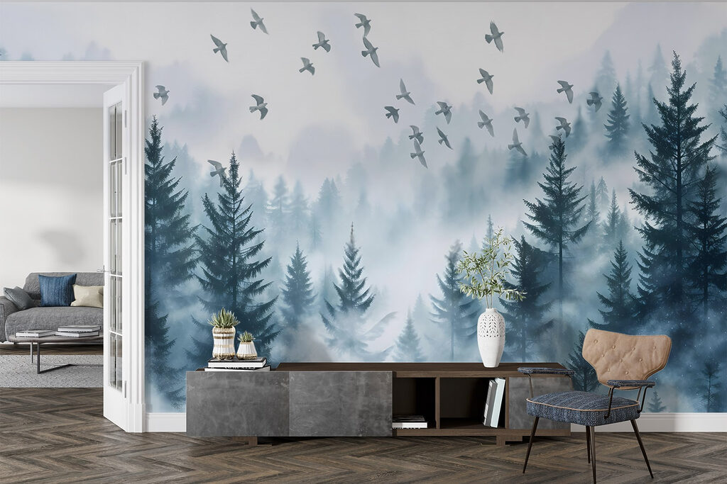 Vogels boven blauwe bosnevel — interieur 5