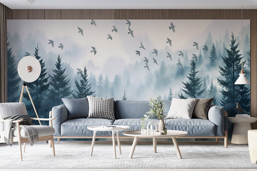 Vogels boven blauwe bosnevel — interieur 6
