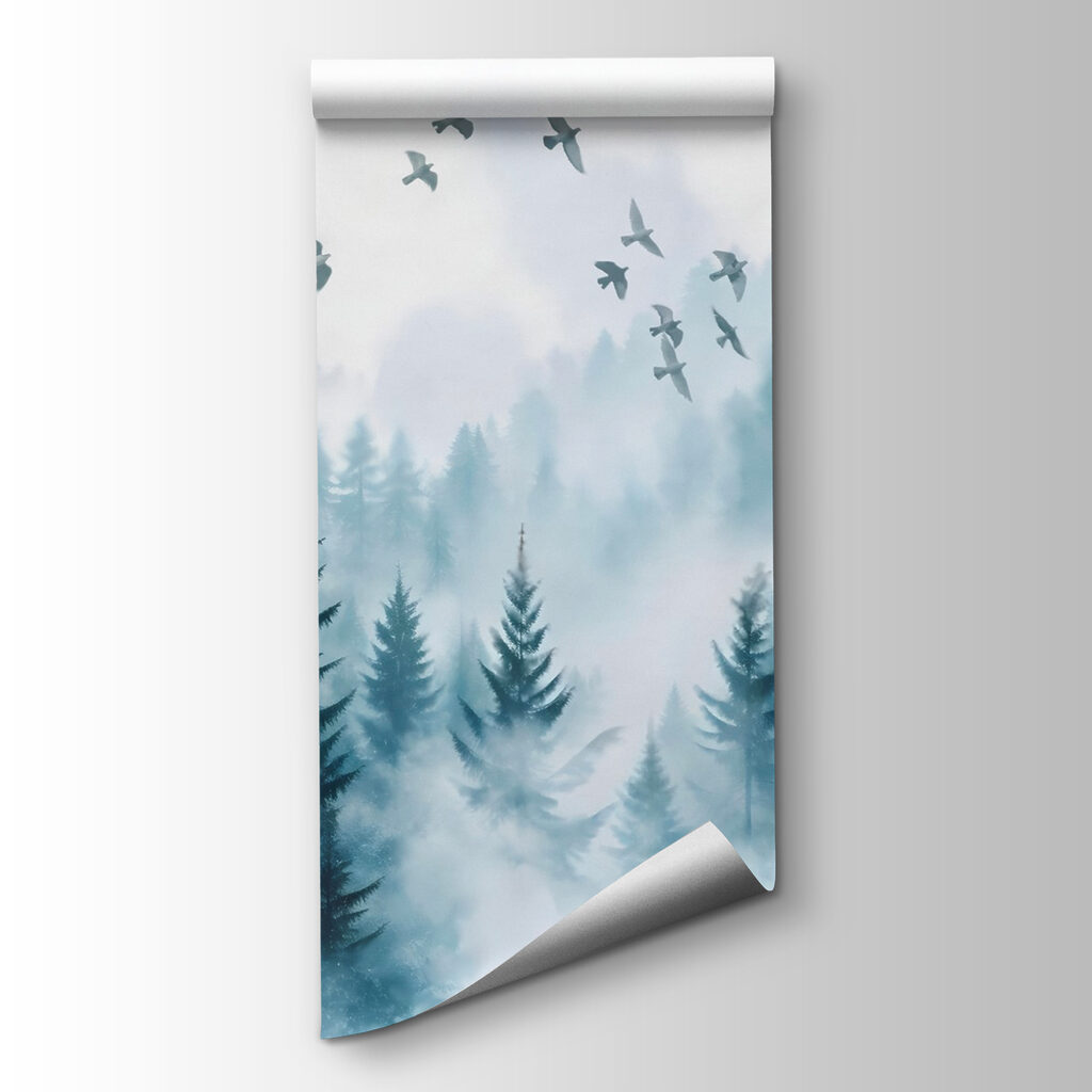 Vogels boven blauwe bosnevel — productweergave