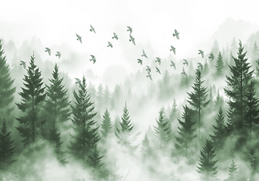 Vogelvlucht boven groen dennenbos — volledig ontwerp