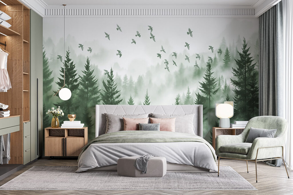 Vogels vliegen over een bos in een interieur