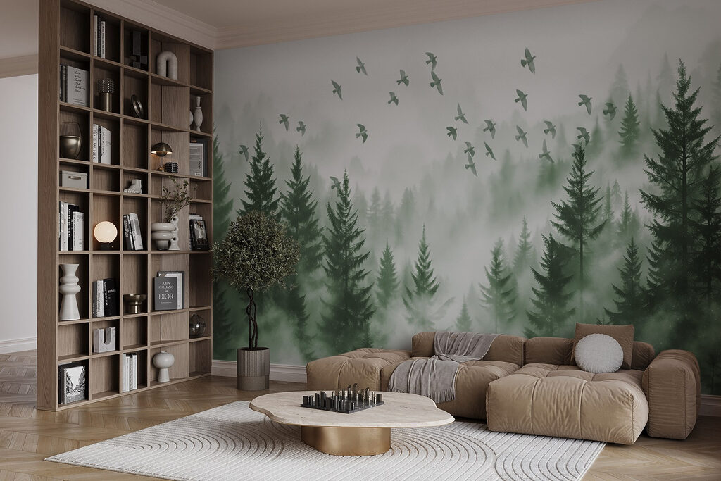 Vogelvlucht boven groen dennenbos — interieur 2