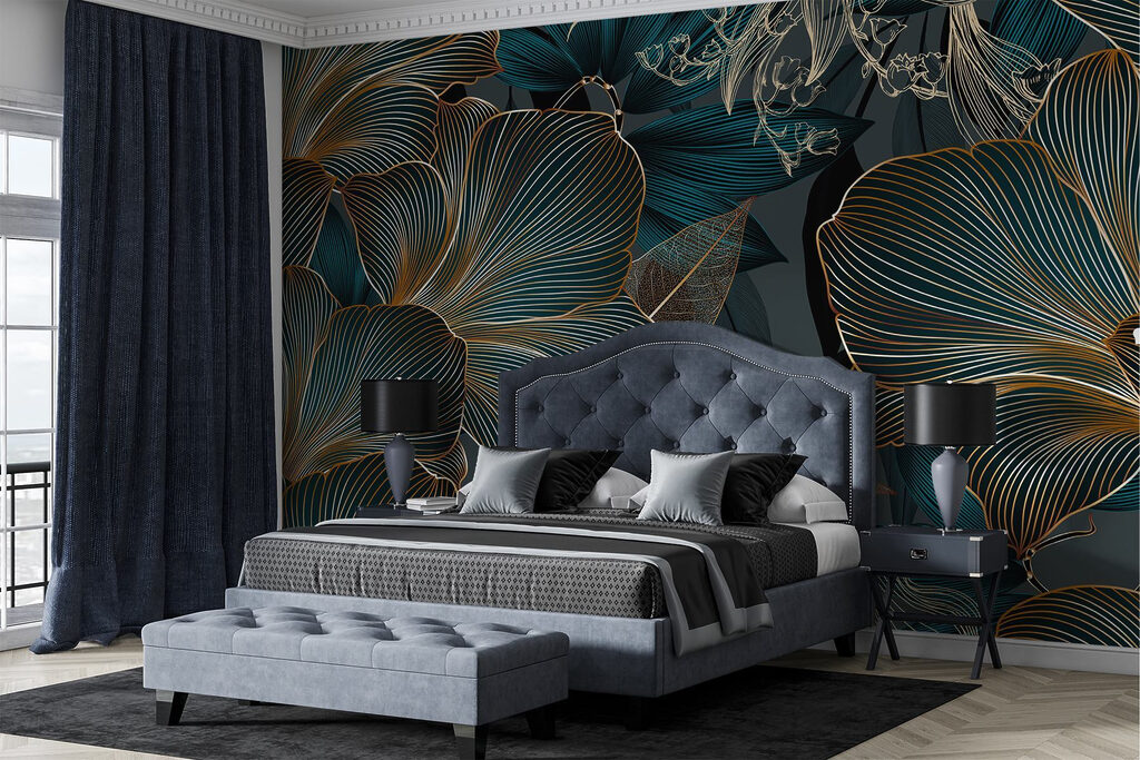 Gouden nerven, petrolkleurige bloemen — interieur 1