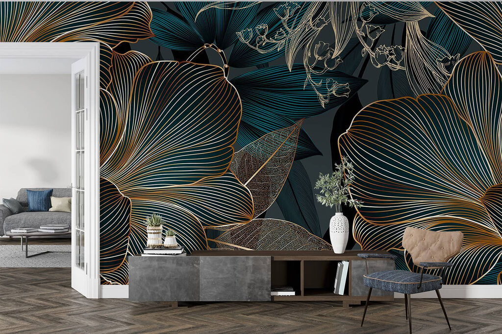 Gouden nerven, petrolkleurige bloemen — interieur 5
