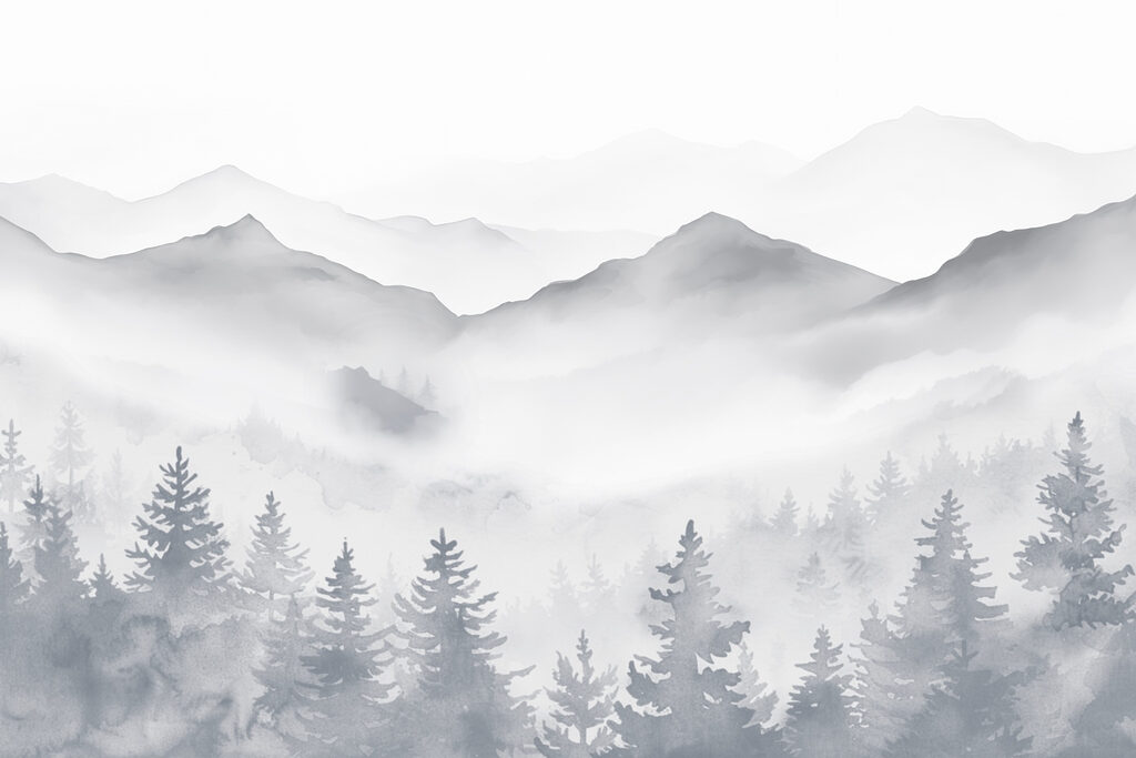 Grijze dennen onder bergnevel — volledig ontwerp