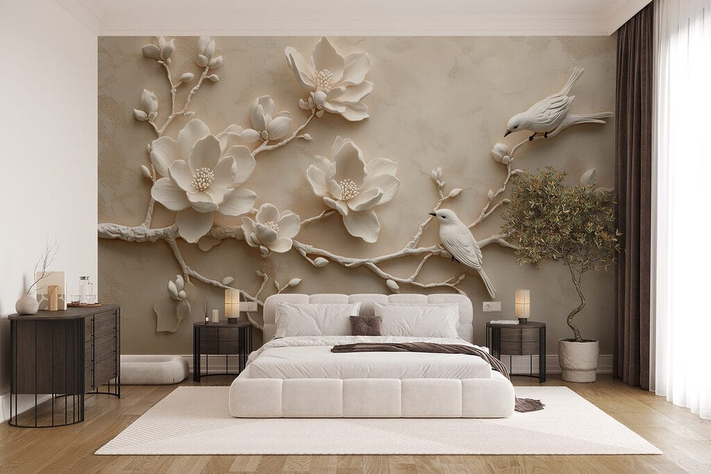 Vogels op witte bloesemtakken — interieur 1