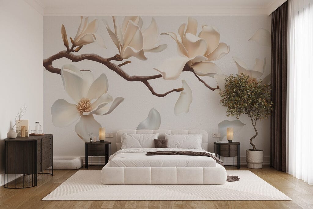 Witte bloemen aan een tak in een interieur