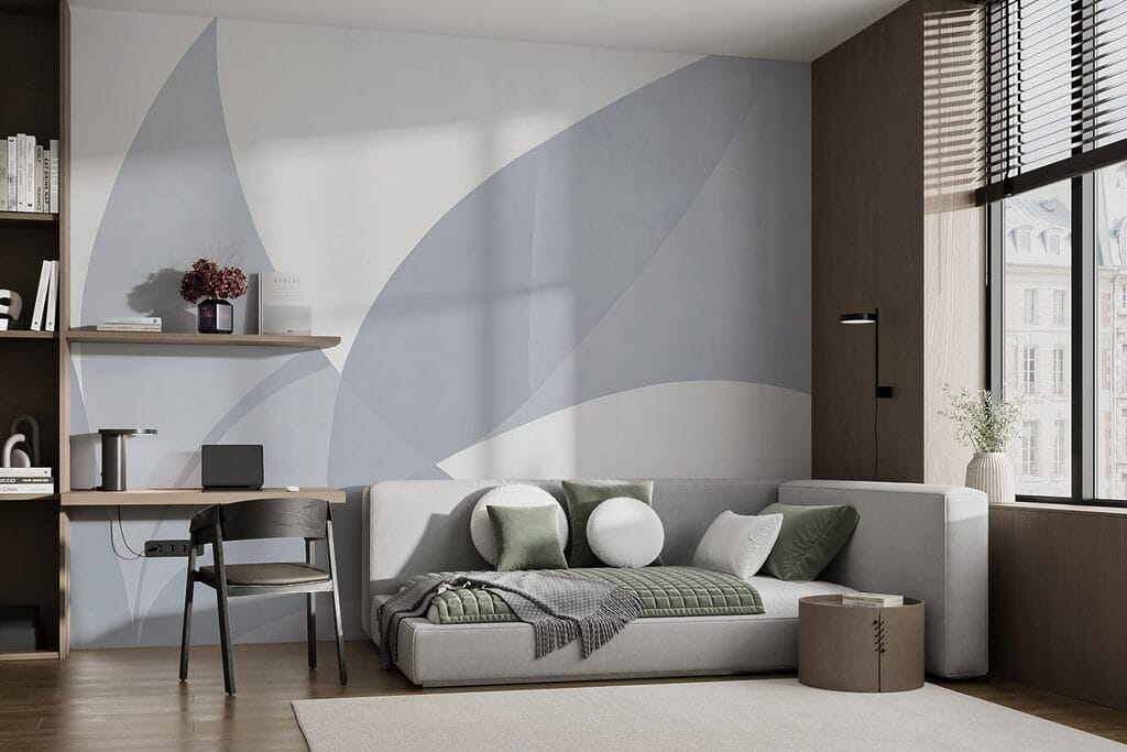 Blauwe vormen als bladpunten — interieur 1