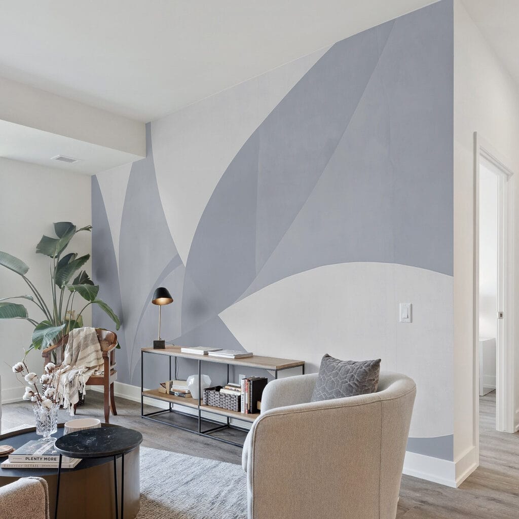 Blauwe vormen als bladpunten — interieur 4