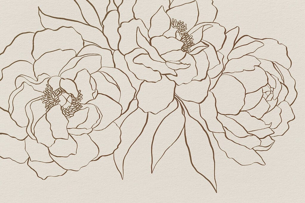 Pioenen als gouden lijntekening — volledig ontwerp