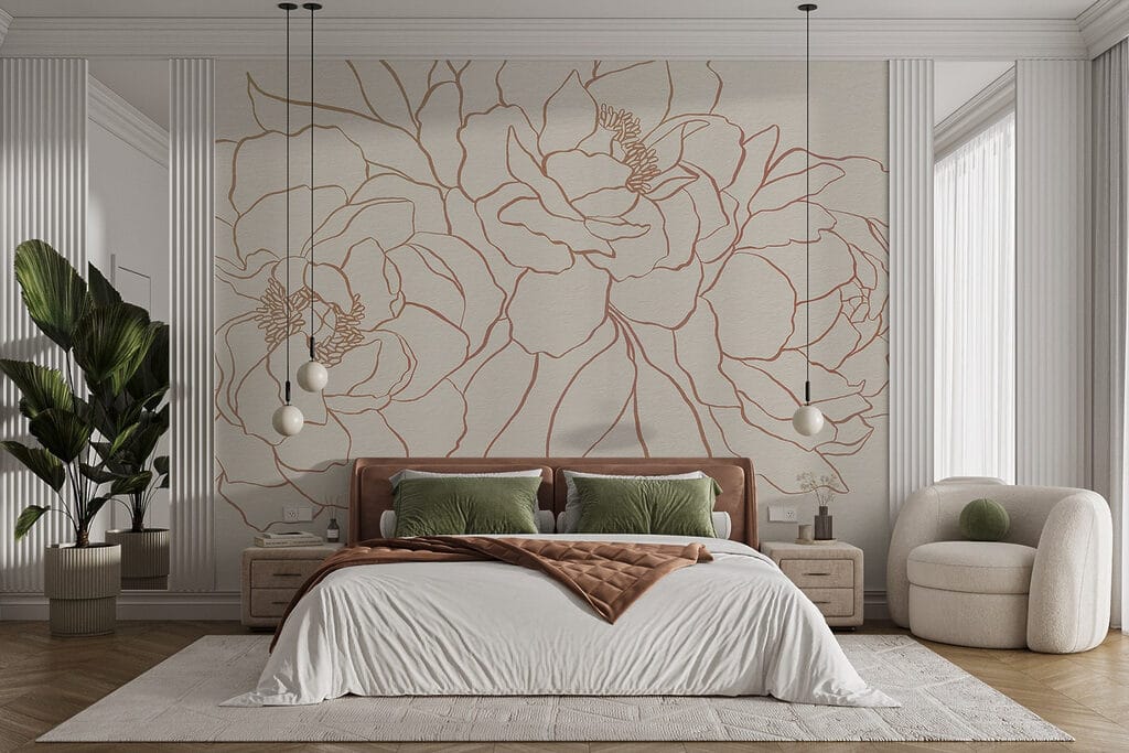 Tekening van bloemen op een wit oppervlak in een interieur