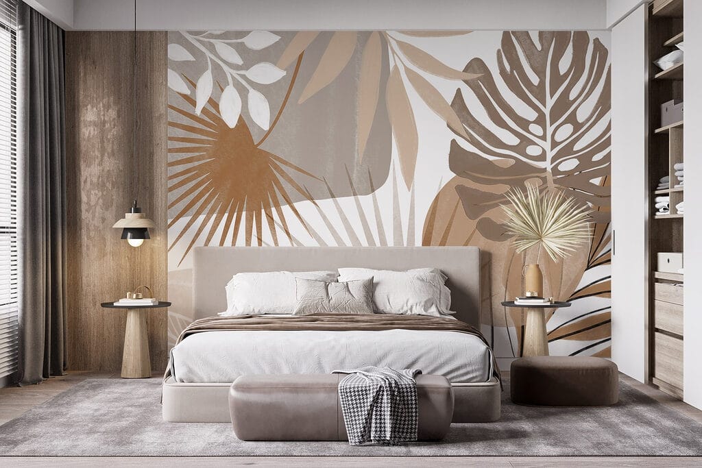 Tropische bladprint in terracotta — interieur 1