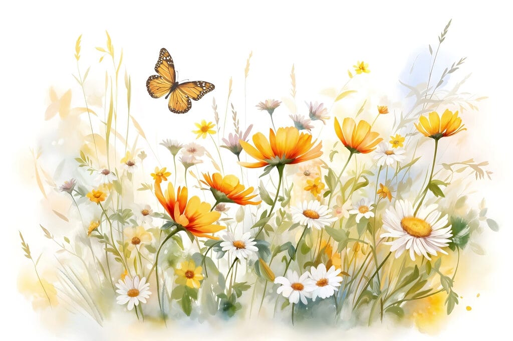 Vlinder boven zonnige veldbloemen — volledig ontwerp