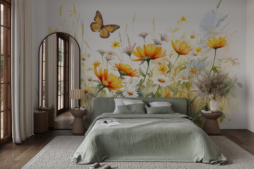 Vlinder vliegt over bloemen in een interieur