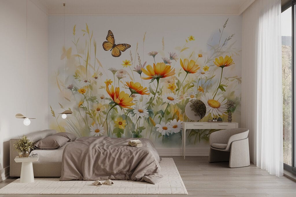 Vlinder boven zonnige veldbloemen — interieur 4