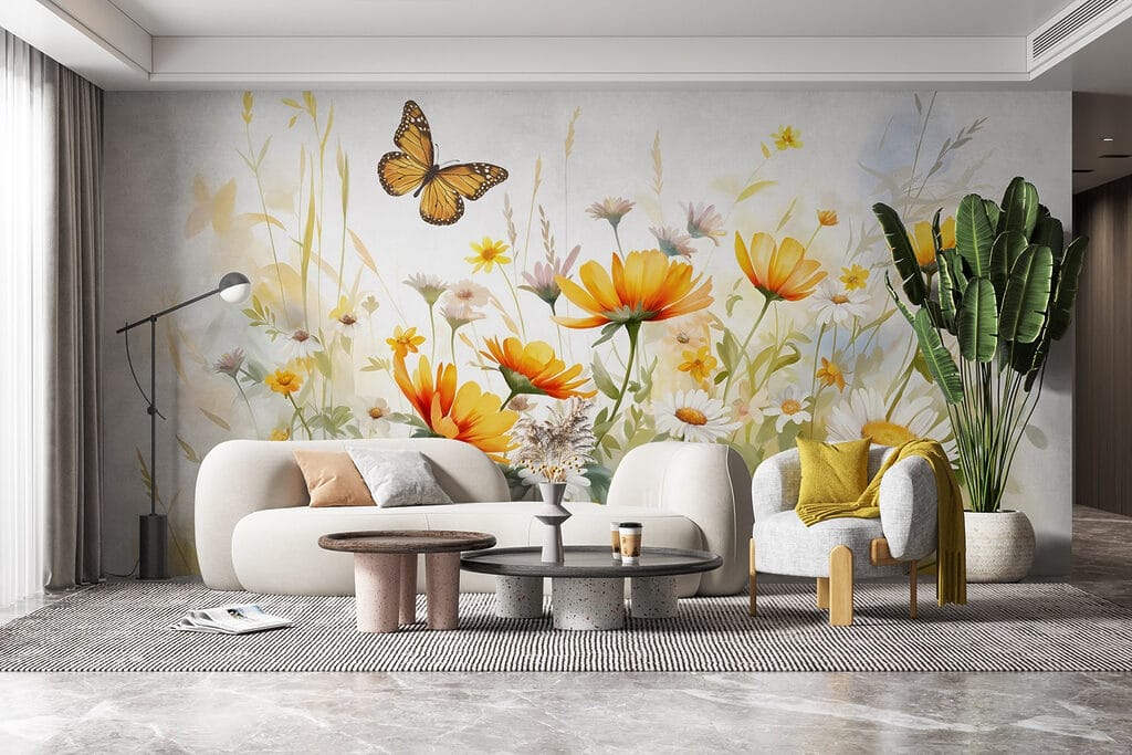 Vlinder boven zonnige veldbloemen — interieur 6