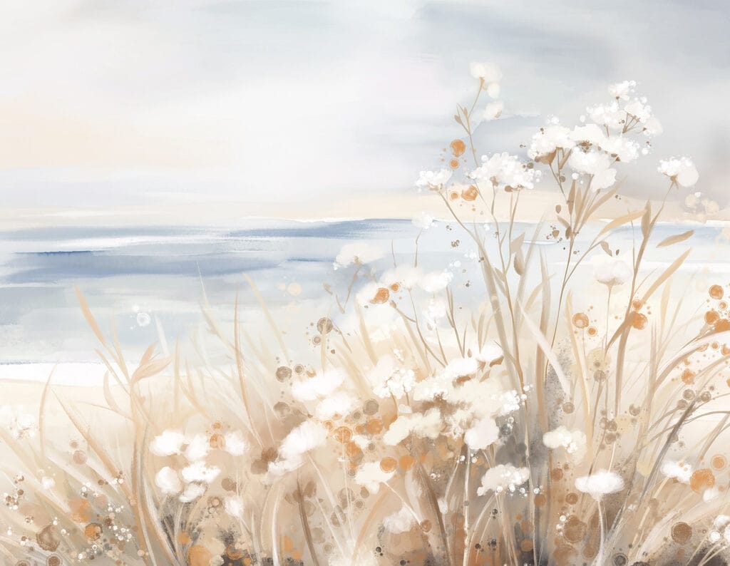 Bloemetjes langs blauwe kustlijnen — volledig ontwerp
