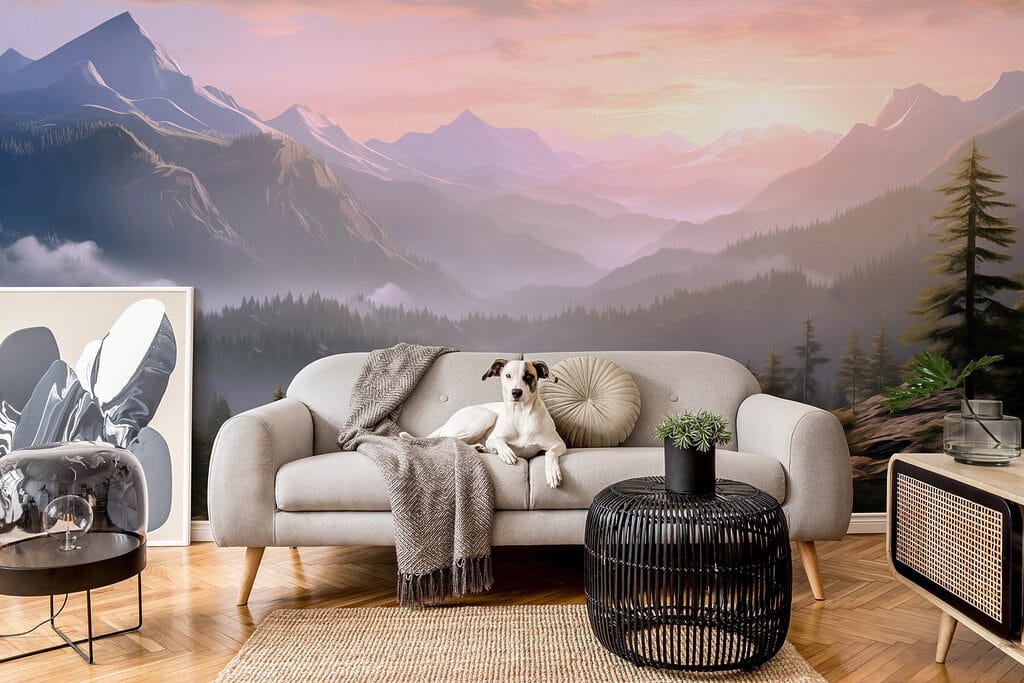 Roze dageraad boven dennenvallei — interieur 3