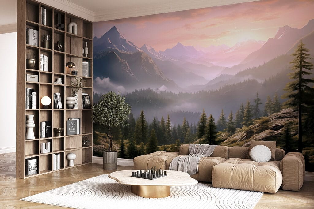 Roze dageraad boven dennenvallei — interieur 4