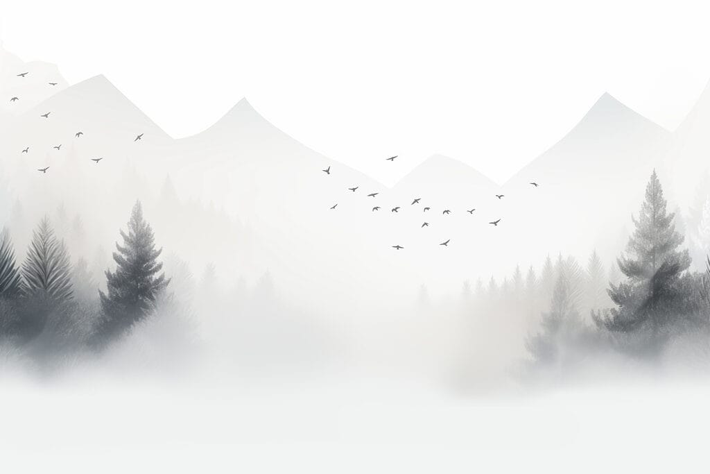 Vogels vliegen over een mistig bos — volledig ontwerp