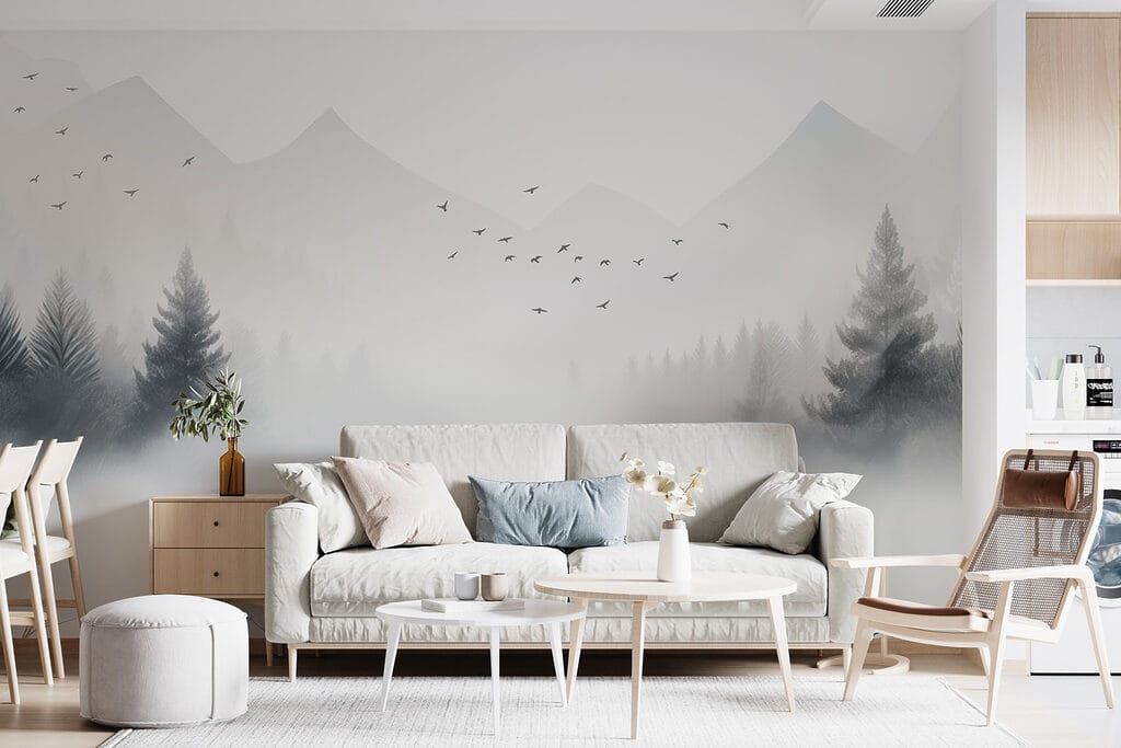 Vogels vliegen over een mistig bos — interieur 2