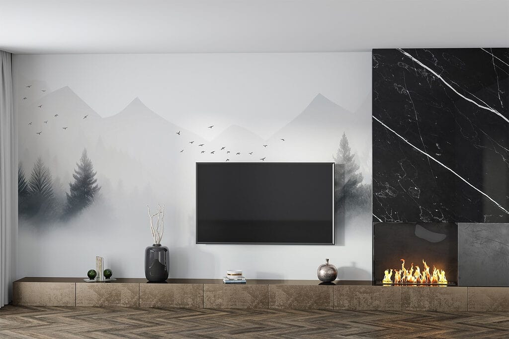 Vogels vliegen over een mistig bos — interieur 5