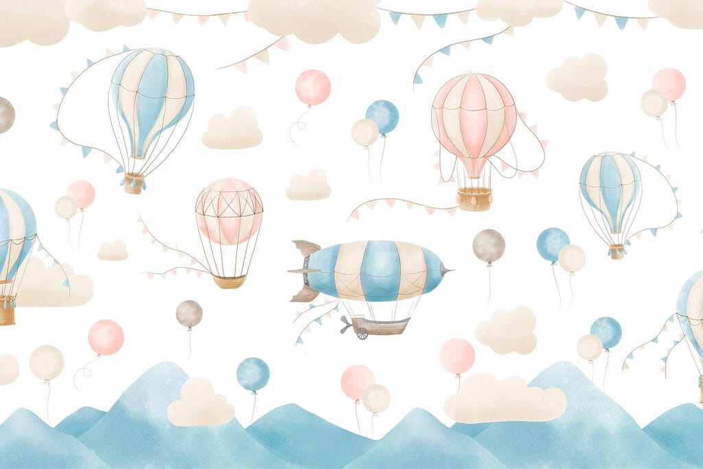 Ballonnen boven blauwe bergpunten — volledig ontwerp