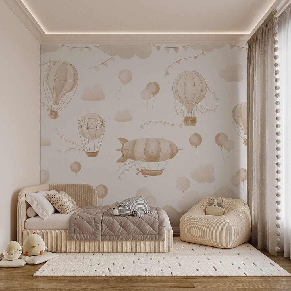 Groep heteluchtballonnen en bergen — interieur 1